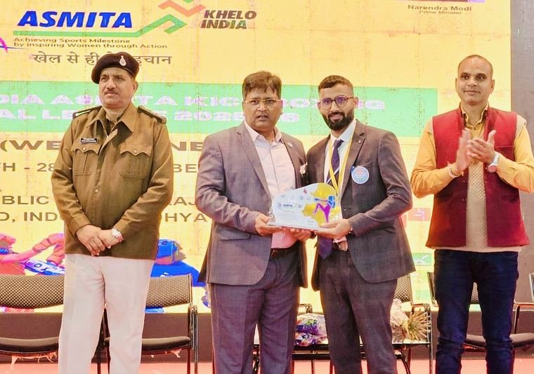 Academy leadership receiving official recognition at an Asmita Khelo India event