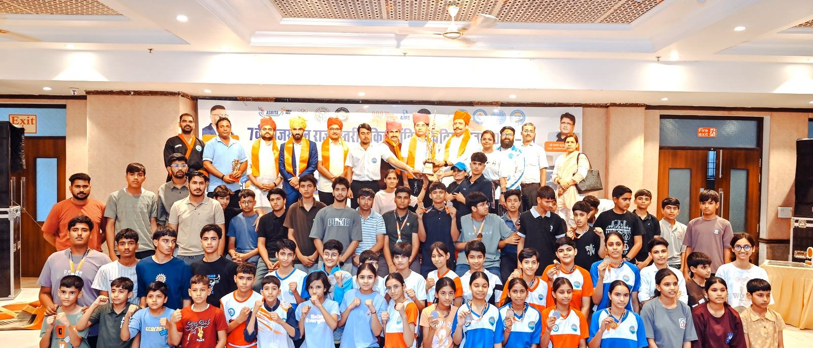 Students, coaches and officials of all ages together at a Rajasthan state kickboxing championship